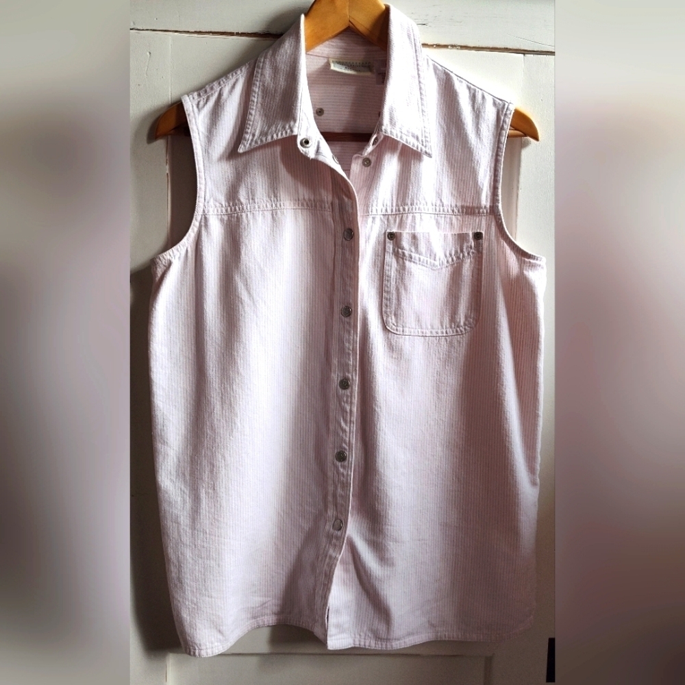 Susan Bristol Women's Pink & White Pinstripe Sleeveless Button Up Vest | Medium